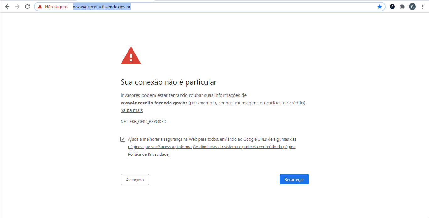 Certificado revogado Receita -  NET::ERR_CERT_REVOKED