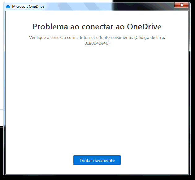 erro OneDrive não conecta, código de erro 0x8004de40