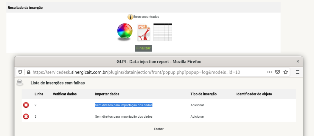GLPI: Data injection: Sem direitos para importação dos dados